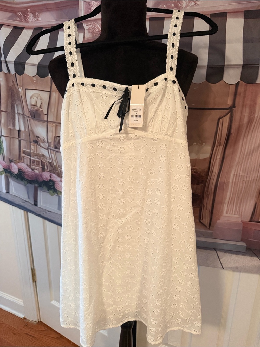 Francesca's Collections White Eyelet Midi Dress with Black Ribbon Detail